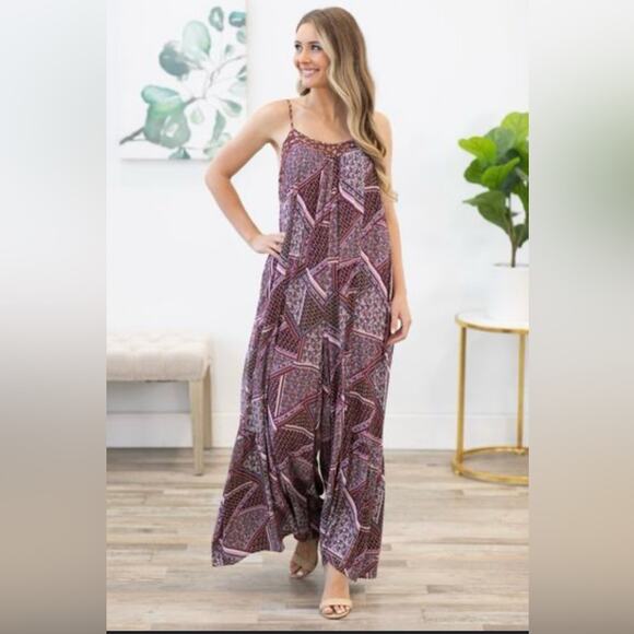 Kori Women's Purple Floral Bohemian Sleeveless Wide Leg Loose Fit Jumpsuit Small - Picture 1 of 9